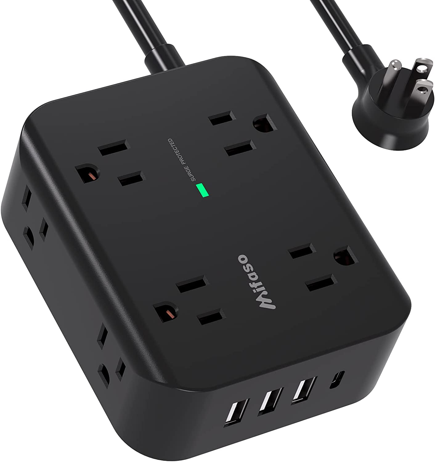 Power Strip Surge Protector Flat Plug Wall Mount 8 Wide Outlets with 4 USB Ports