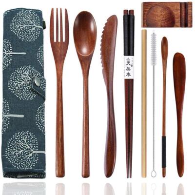 Wooden Utensils for Eating Reusable Wooden Bamboo Cutlery Set with Case 9 Pcs...