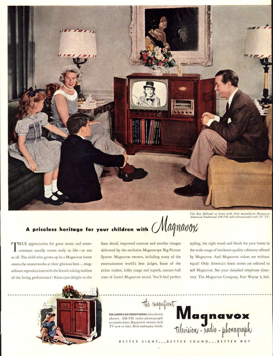 1951 RAY MILLAND FAMILY MAGNAVOX AMERICAN TRADITIONAL AM-FM RADIO TV PRINT  AD