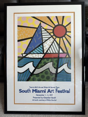 Vtg SailBoat South Miami Romero Britto Art Fest Print Colorful Poster 37" Framed - Picture 11 of 16