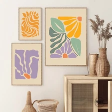 Set of 3 colorful eclectic wall art, floral botanical art, wavy leaves wall art
