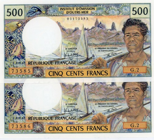 Tahiti … P-25b2 … 500 Francs .. ND (1977) .. *VF* .. Sign # "3A" Consecute notes