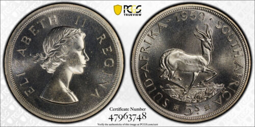 South Africa, 1959 Elizabeth II 5 Shillings PCGS PL 65. 2,200 Mintage