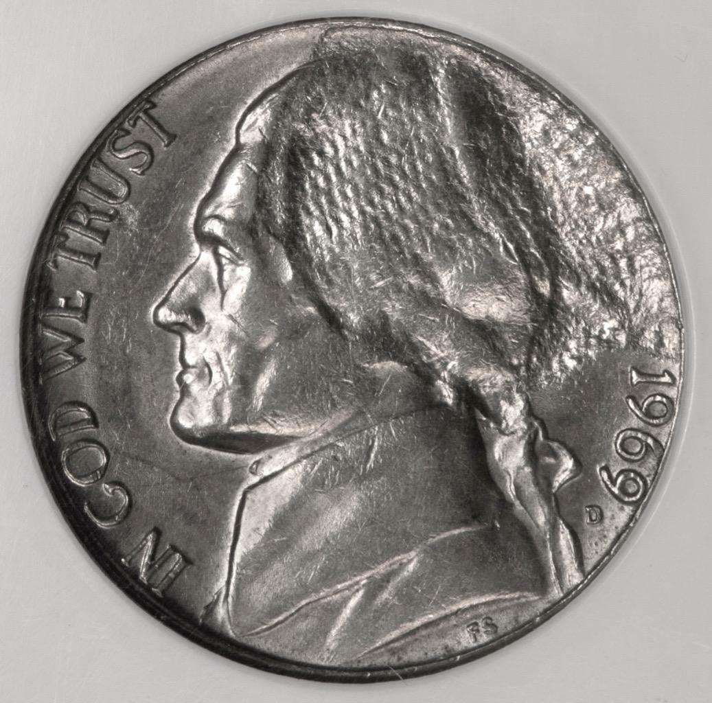 1969 D NGC MS62 Struck Thru Cloth Nickel Mint Error the