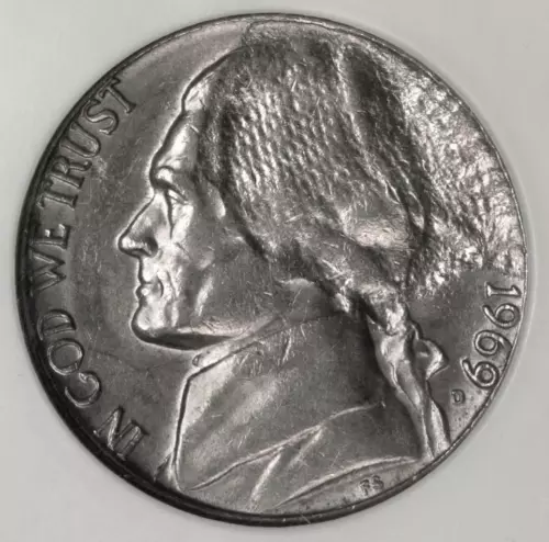 1969 D NGC MS62 Struck Thru Cloth Nickel Mint Error the "Hair Net Jefferson"
