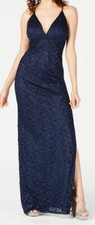 $189 Emerald Sundae Womens Juniors Blue Glitter Lace V-Neck A-Line Dress Size XS
