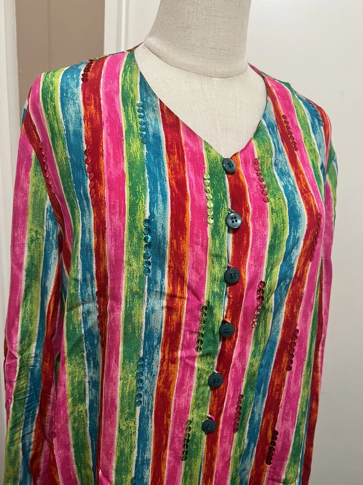 Blusa para mujer Diane Gilman talla grande seda rayas lentejuelas botón manga larga Foto 2 de 4