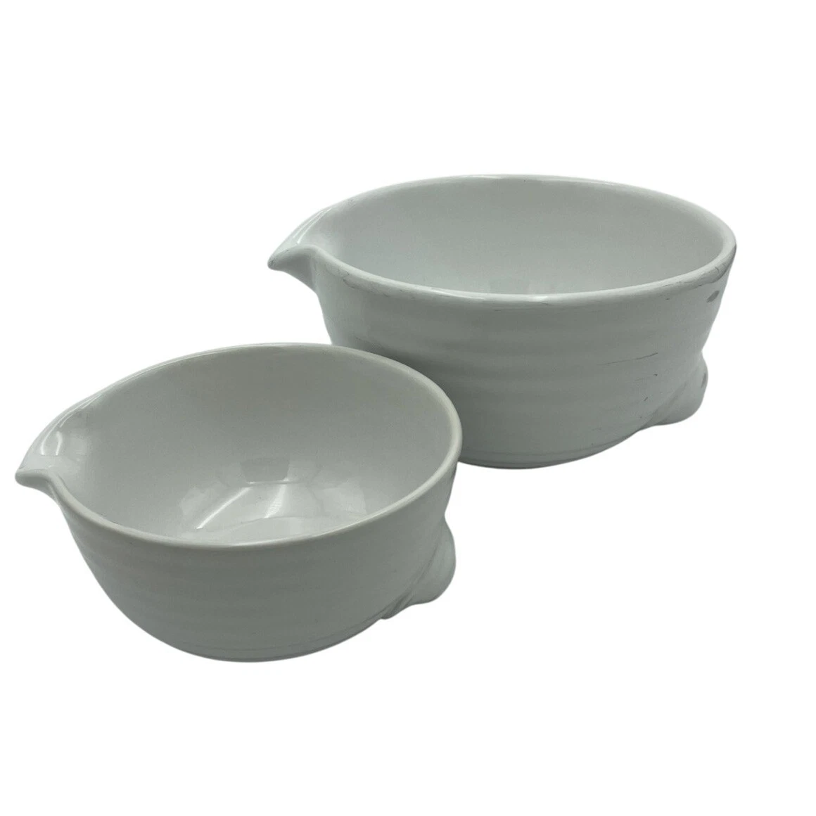 2 Vintage Ribbed Beehive White Batter Mixing Nesting Bowls Lower Handle & Spout