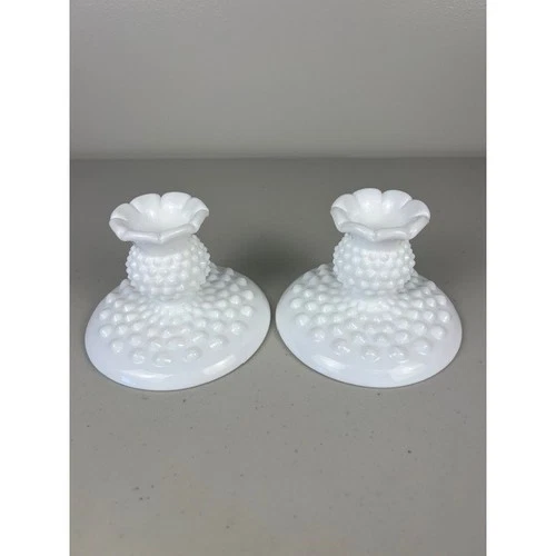 Vintage Fenton Milk Glass Hobnail Candlestick Holders Set of 2