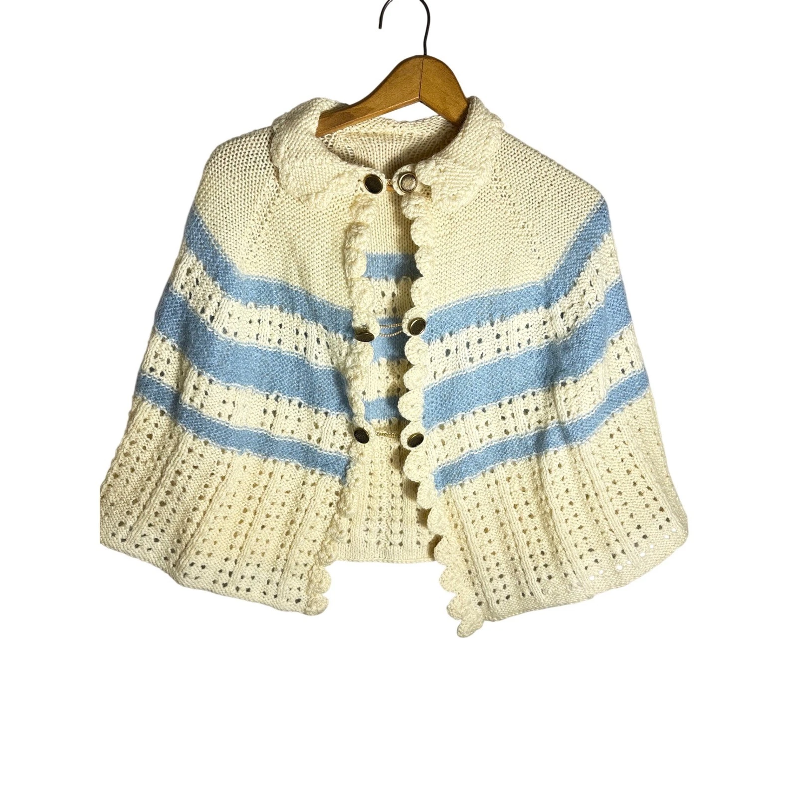 Vtg Handmade Knit Poncho Capelet Cream Blue Striped Peter Pan S/M Coquette Fairy