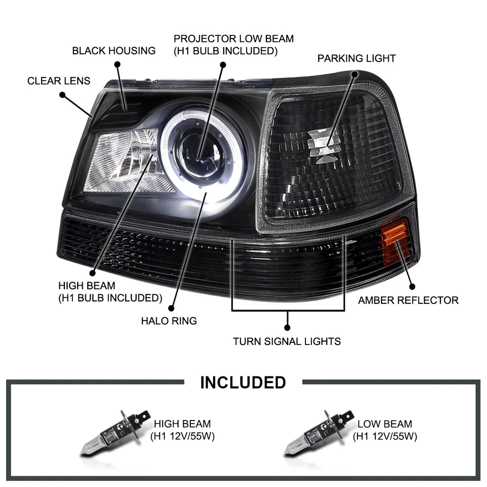 Fits 1998-2000 Ford Ranger Black Halo Projector Headlights+Corner Signal Lamps - Изображение 3 из 4
