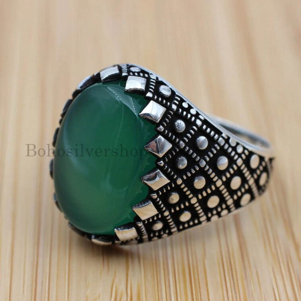 Mens Green Onyx Rings 925 Sterling Silver Handmade Turkish Ottoman Jewelry #415 - Image 4 of 4