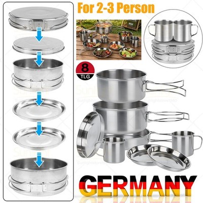 2-3 Personen Camping Kochgeschirr Set Edelstahl Kochset Outdoor Töpfe Bratpfanne
