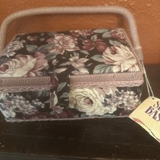 Vnt Pink Sewing Basket Floral Lined Wicker Box Handle Organizer Contents Include