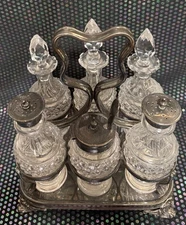 Early Victorian High Quality Silver Plated Cruet Set Cut Glass Bottles w Spoon