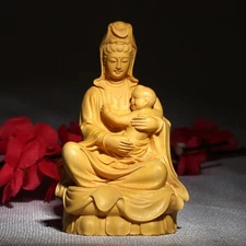 Artistic Wooden Guan Yin with Child Statue Hand Carved Bodhisattva Figurine