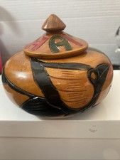 Hand Carved from Haiti Tropical Wooden Trinket Bowl With Lid intricate designs