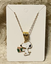 Snoopy Christmas Gold Enamel Charm Pendant Fashion Fun Boho Gold Necklace 18”