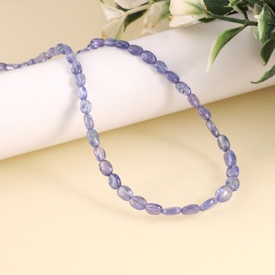 100%Natur Tansanit Stein Perlen Handarbeit Halskette Ovale Form 925 Silber 