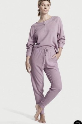 Victoria's Secret Purple Waffle Knit Pajama Set XXL Button Accent Drawstring