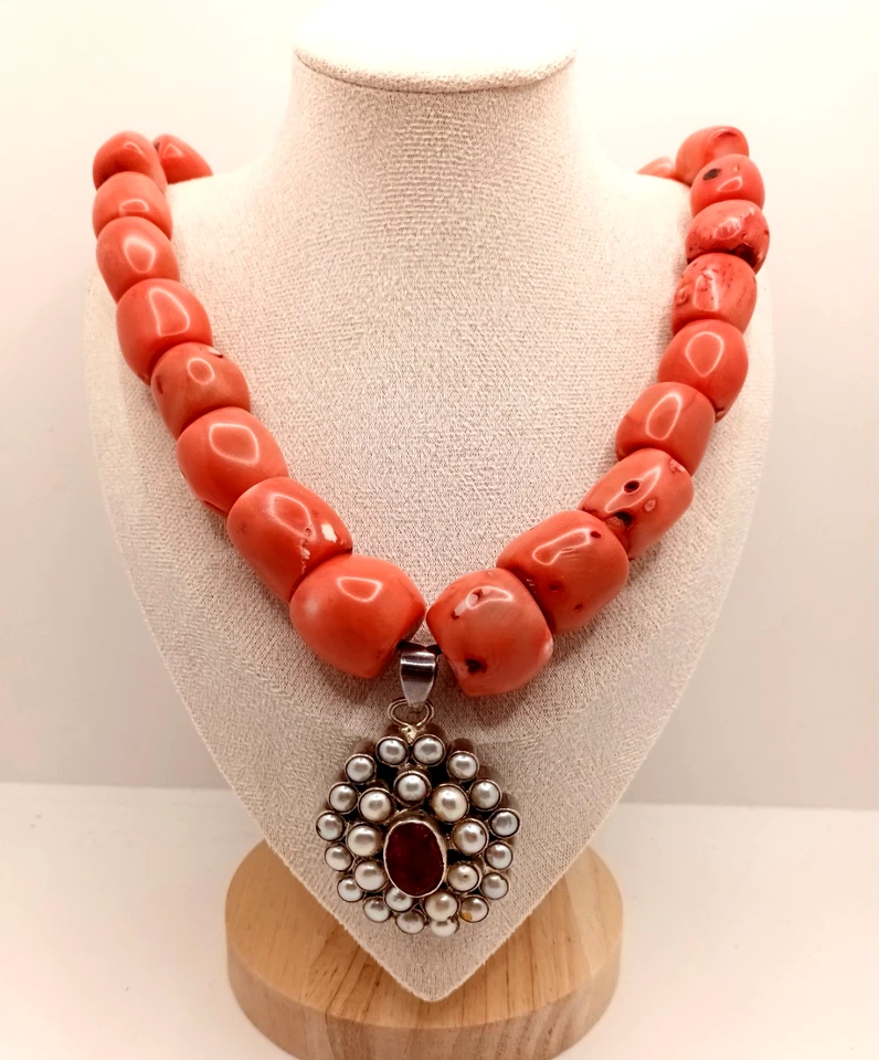 collana in corallo con pendente in argento 925 pietra e perline vintage anni 90 - Immagine 2 di 4