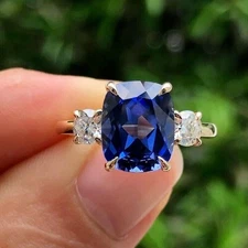2.90 Ct Cushion Cut Sapphire & Moissanite Ring 14k White Gold Finish