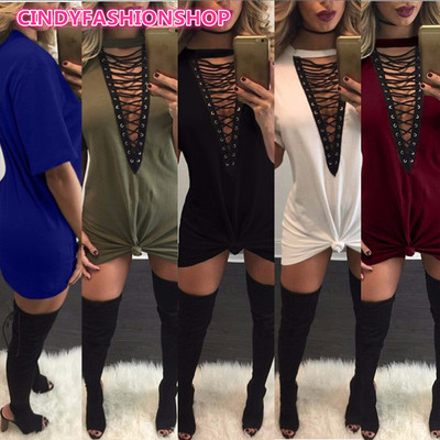 USA New  Ladies  Women T Shirt Mini Tie-UP Sexy Body con Club T-shirt Tops Tee