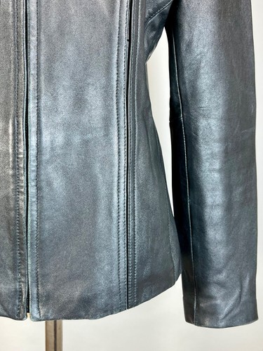 Giacca vintage anni 90 pelle nera JONES NEW YORK zip davanti con cuciture su misura Sm - Foto 11 di 16