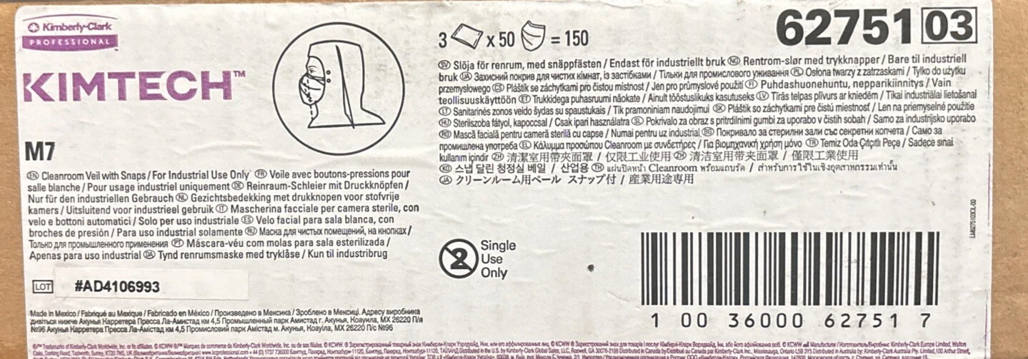 KIMTECH Pure M7 Face Veil 62751 Cleanroom Veil with Snaps New Unopened - 150 Pk