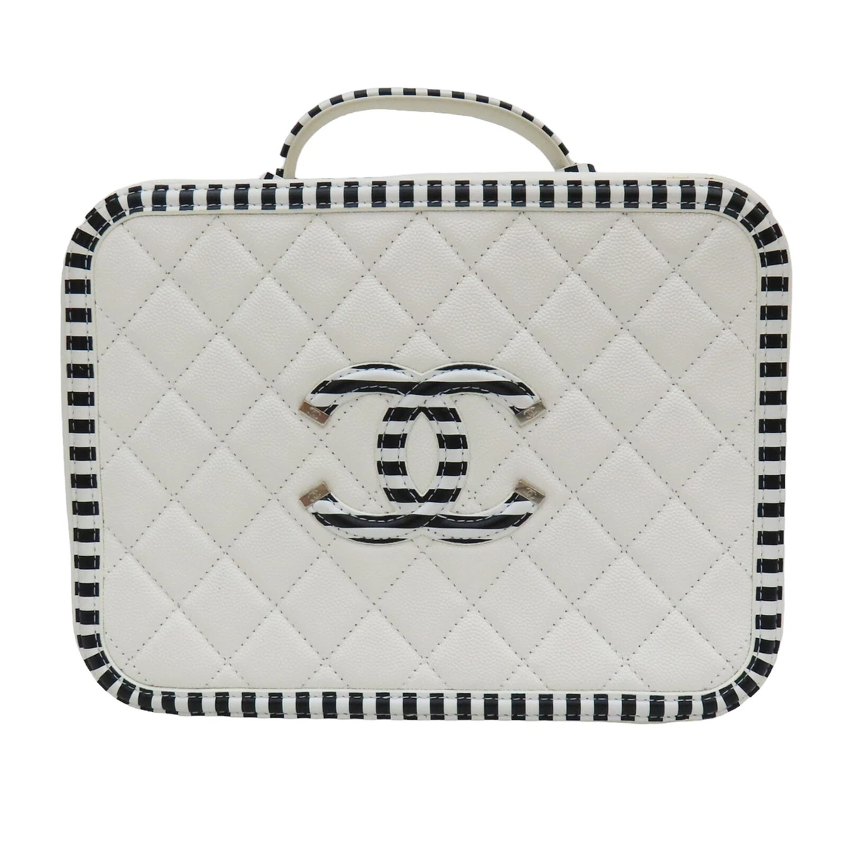 CHANEL White CC Filigree Vanity Case Shoulder Bag Quilted Striped Caviar  Leather