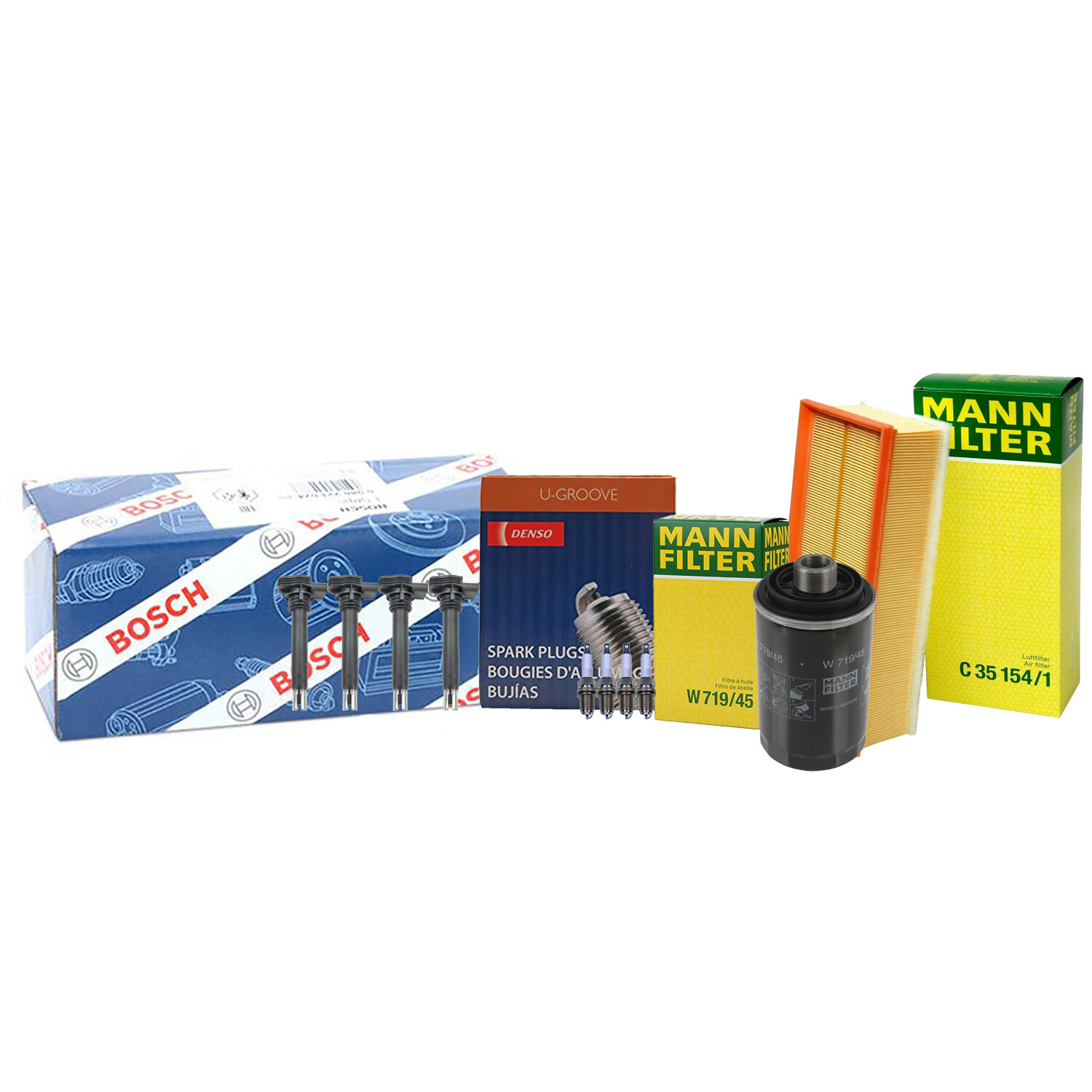 Mann Filters Bosch 4 Coils Denso 4 U-Groove Spark Plugs Tune Up Kit For Audi 2.0