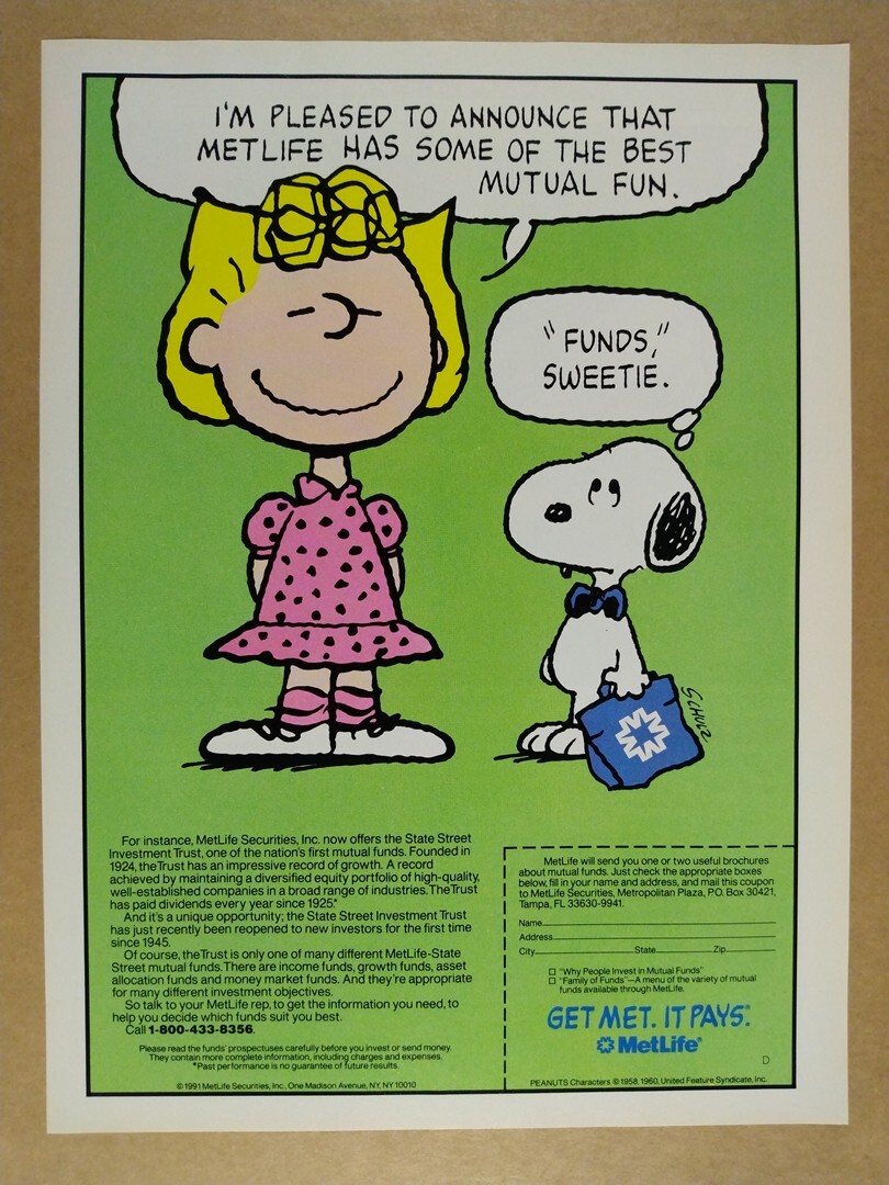 1991 MetLife Insurance Mutual Funds Snoopy & Sally Brown art