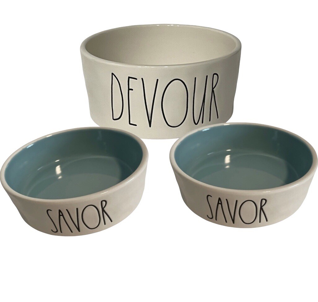 RAE DUNN Lot Of 3 Pet Bowls DEVOUR SAVOR White Blue Pet Dish RAE DUNN Lot Of 3 Pet Bowls DEVOUR SAVOR White Blue Pet Dish
