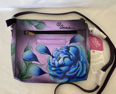 Anna by Anuschka HAND PAINTED LEATHER FLORAL SHOULDER BAG Blue NEW NWT 