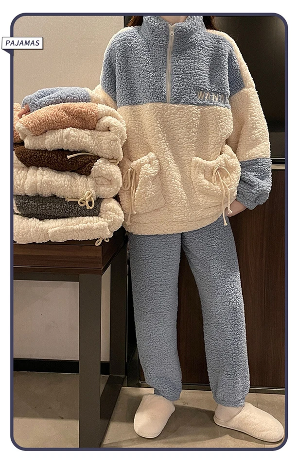 Damas Exterior Pijama Mujeres Grueso Cálido Suéter Cordero Terciopelo Ocio 2 PIEZAS Invierno Foto 4 de 4