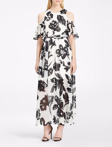 Calvin Klein Black/White Floral Pop-over Cold Shoulder Chiffon Maxi Dress -  $149 | eBay