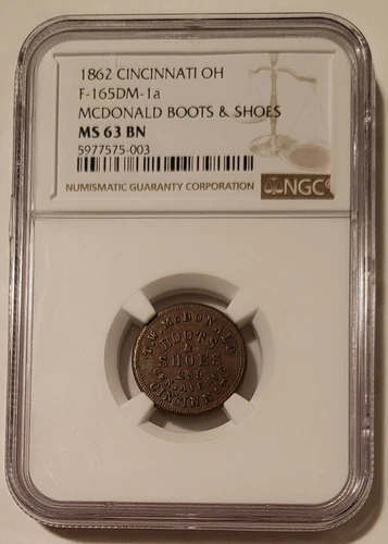 Civil War Token 1862 Cincinnati OH McDonald F-165DM-1a R6 MS63 BN NGC