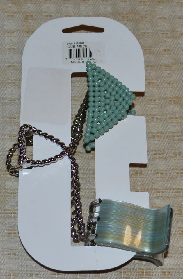 KELLY & KATIE NEW NWT 3 Silver Teal Hair Clips Banana Beads Striped DSW - Image 2 of 3