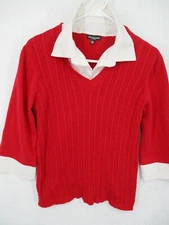 Notations Womens Sweater 2X Y2K Preppy Layered Collar Red Cable Knit Long Sleeve