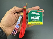 AMERICAN FLAG BARBER SALON BEARD CUT THROAT RAZOR SHAVETTE + 100 DERBY BLADES