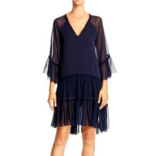 ALICE + OLIVIA Zoey Tiered Chiffon Tunic Dress Navy Blue Size M Sheer Ruffles