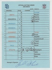 7-9-14 San Diego Padres - Game Used Umpire Lineup Card - Chase Headley