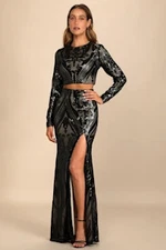 Lulus Luxe Aesthetic Sequin Long Sleeve Two-Piece Maxi Dress Black L
