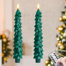 Green Tree Flameless Real Wax Taper Candles with Remote Timer, Battery Operat...
