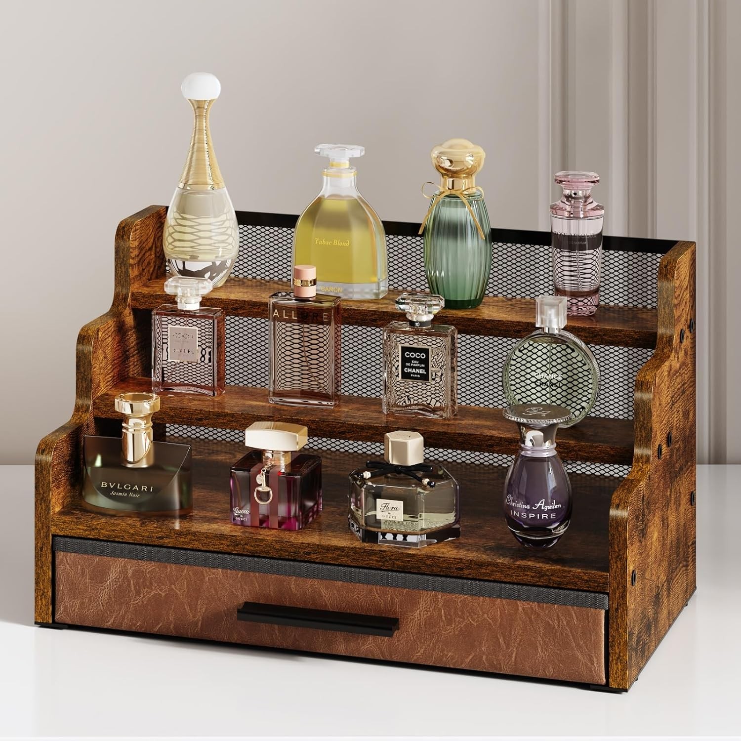 Three-Tier Wooden Cologne Rack with Drawers | Perfume Storage Stand