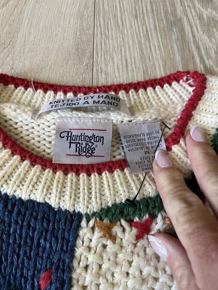 Suéter Pullover Vintage Años 90 Navidad Grueso Tejido a Mano Huntington Ridge • Talla M Foto 3 de 4