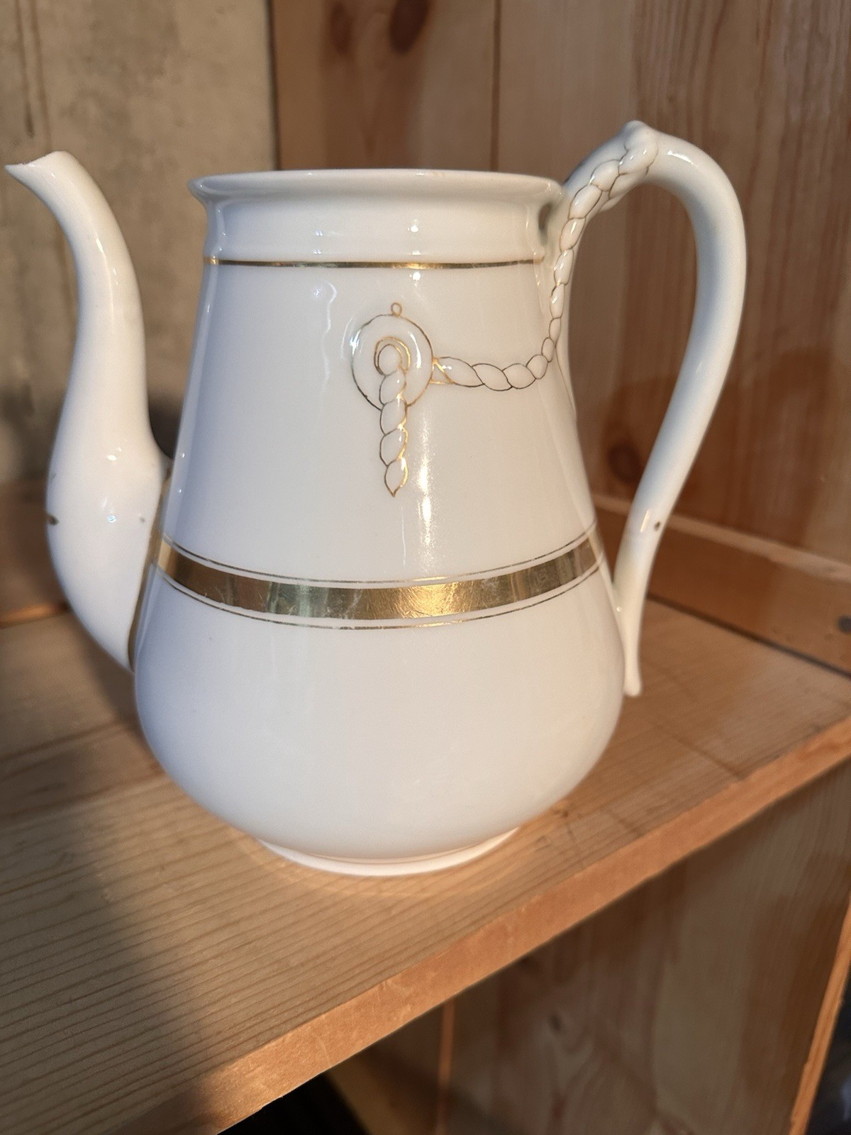 White and Gold Porcelain Coffee Pot with Chain Motif, Gold Band, Handles