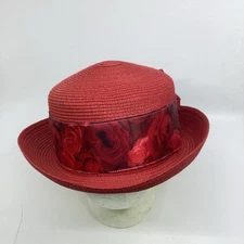 Red Hat Society Church Derby Ladies Straw Hat Red Ribbon Flower