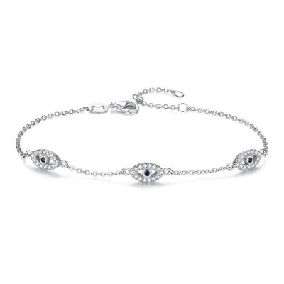 Eye Charm Bracelet Round Blue Eye 925 Sterling Silver CZ Average Size WG