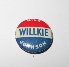 1940 Baseball Walter Johnson Congress Willkie Endorsed Political Election Pin